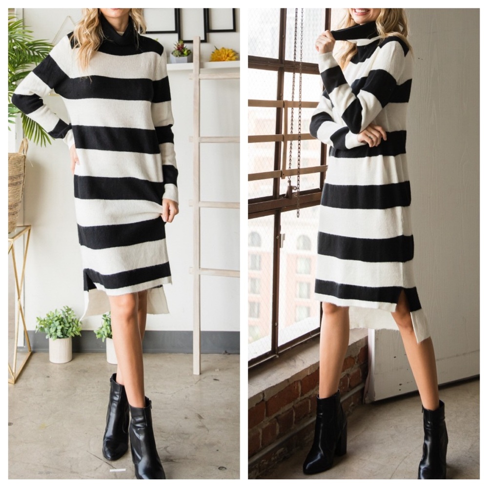 Boho Wide Striped Turtleneck Sweater Dress